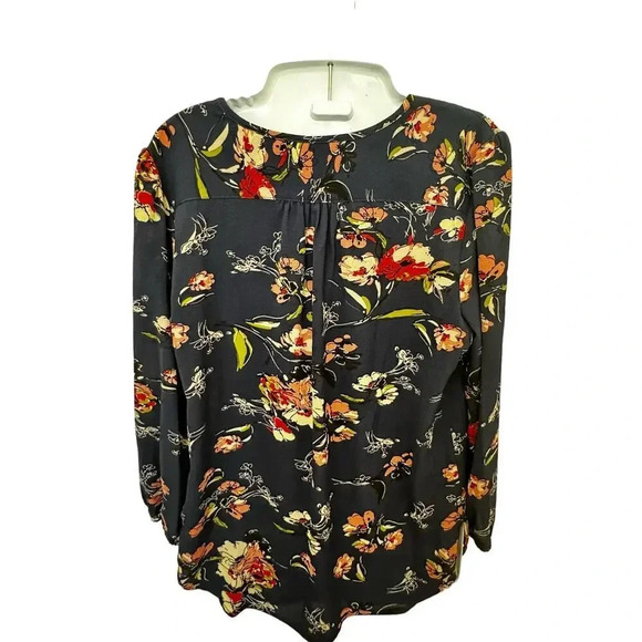 Fun2Fun Kenmore Split Neck un Navy Floral Long Sleeve Rayon Blouse Women's Sz S - Picture 7 of 8